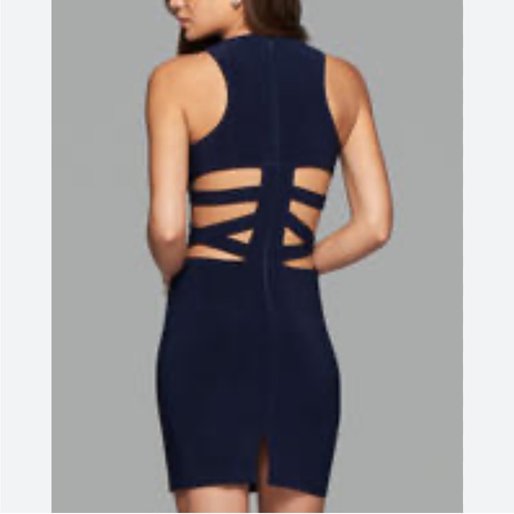 Faviana Navy Side and Back Cut-out Halter Mini Bodycon Cocktail Dress.
